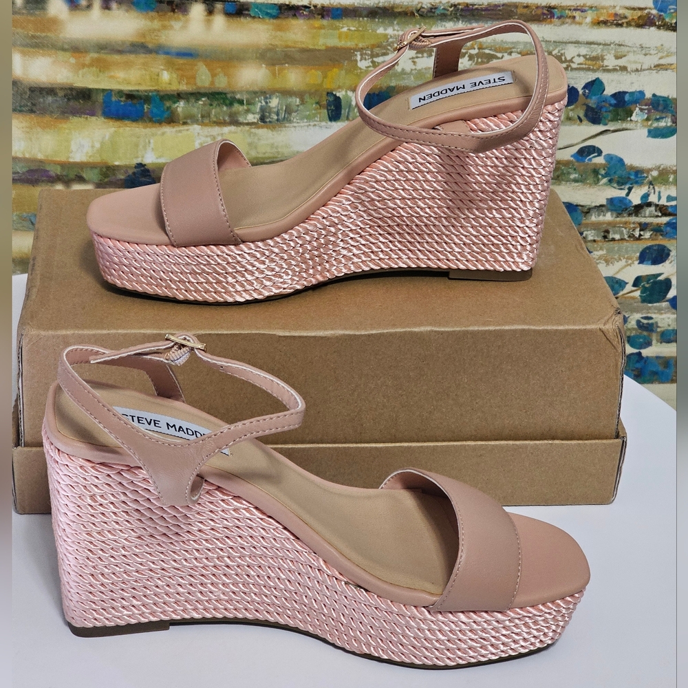 Steve Madden Tory Twist Blush Lea Leather Wedge Sandals Size 8 - Picture 2 of 13